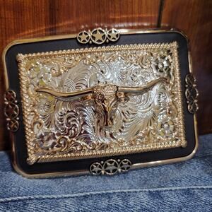 Longhor Western Belt Buckle Rose Tone And Silver Rare Piece With Details Cowboy